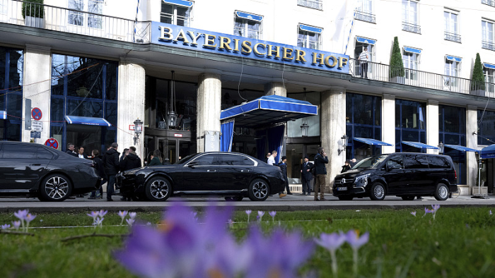 Crocuses bloom in front of the Hotel Bayerischer Hof where the 60th Munich Security Conference will take place in Bavaria, Munich,Germany, February 15, 2024. /CFP